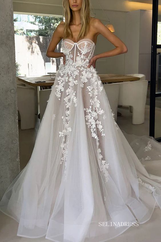 Elegant Sweetheart 3D Floral Lace Wedding Dresses Beach Wedding Gowns EWR809|Selinadress