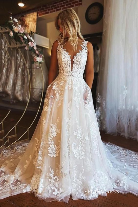 Elegant V neck Embroidery Lace Wedding Dresses Rustic Backless Wedding Gowns EWR810|Selinadress