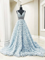 Elegant V neck Light Sky Blue Ruffles Tulle Ball Gown Quinceanera Dress SER638|Selinadress