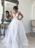 Elegant V neck White Applique Wedding Dresses Lace Wedding Gowns EWR807|Selinadress