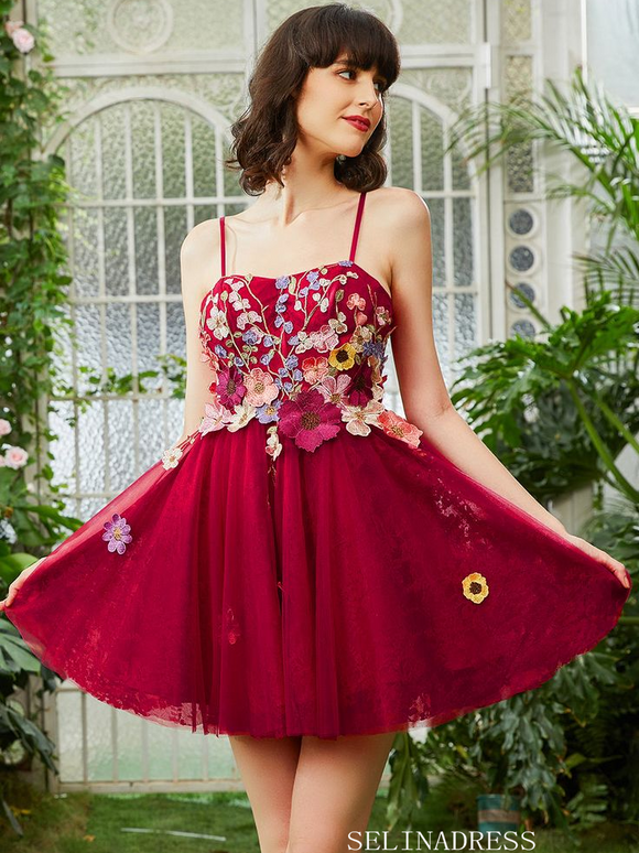 Fuchsia Applique Floral Homecoming Dress Spaghetti Straps Short Prom Dress EWR412|Selinadress