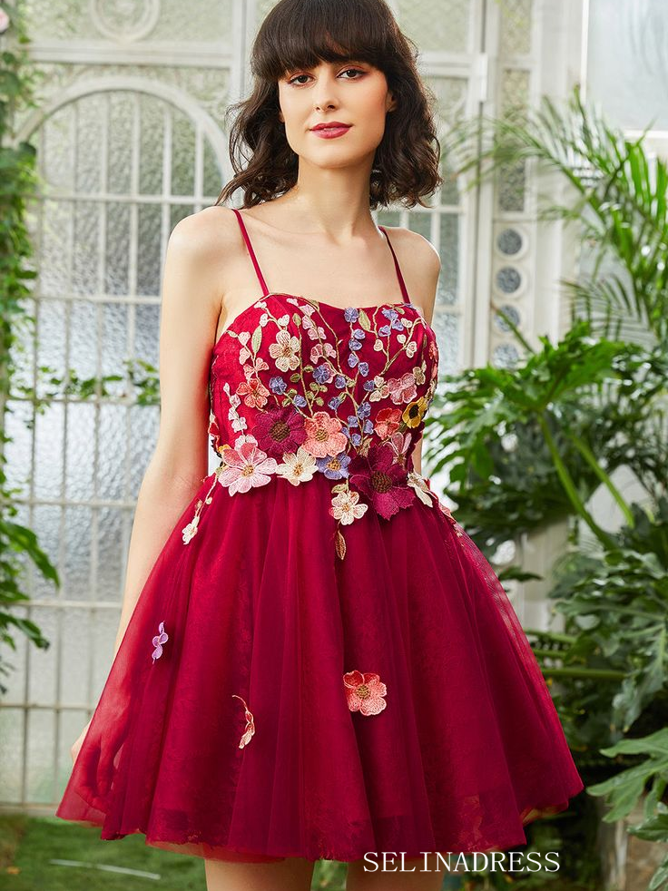 Fuchsia Applique Floral Homecoming Dress Spaghetti Straps Short Prom Dress EWR412|Selinadress