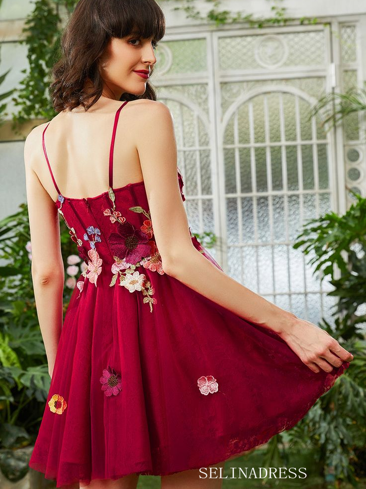 Fuchsia Applique Floral Homecoming Dress Spaghetti Straps Short Prom Dress EWR412|Selinadress