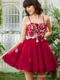 Fuchsia Applique Floral Homecoming Dress Spaghetti Straps Short Prom Dress EWR412|Selinadress