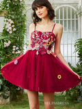 Fuchsia Applique Floral Homecoming Dress Spaghetti Straps Short Prom Dress EWR412|Selinadress