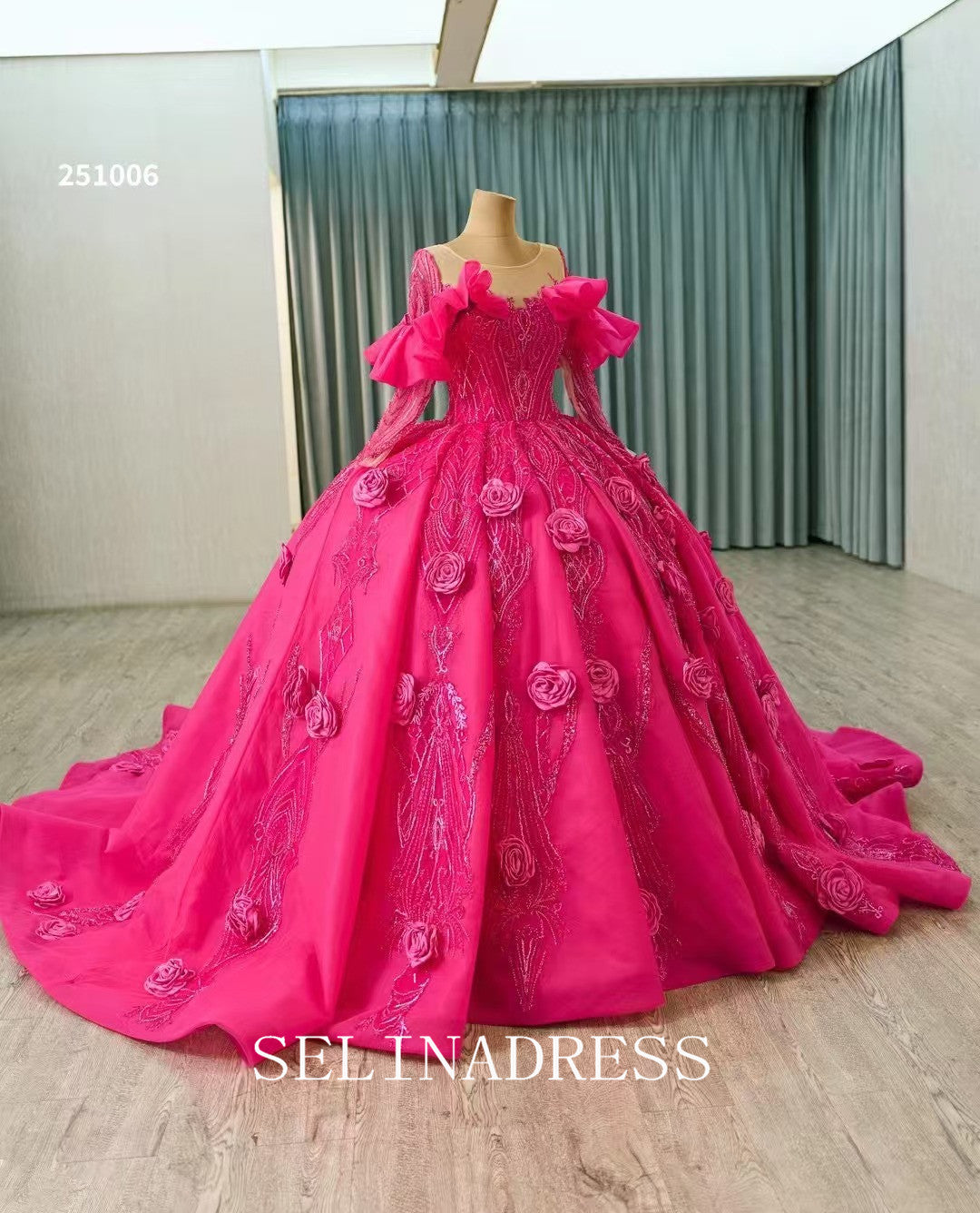 Fuchsia Long Sleeve Luxury Prom Dress Hand made Floral Ball Gown Quincess Wedding Dresses 251006|Selinadress