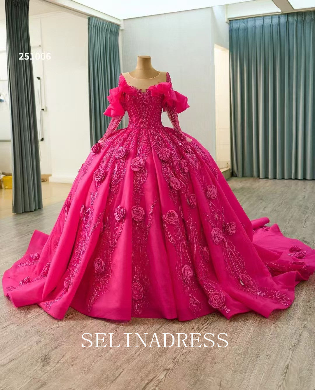 Fuchsia Long Sleeve Luxury Prom Dress Hand made Floral Ball Gown Quincess Wedding Dresses 251006|Selinadress