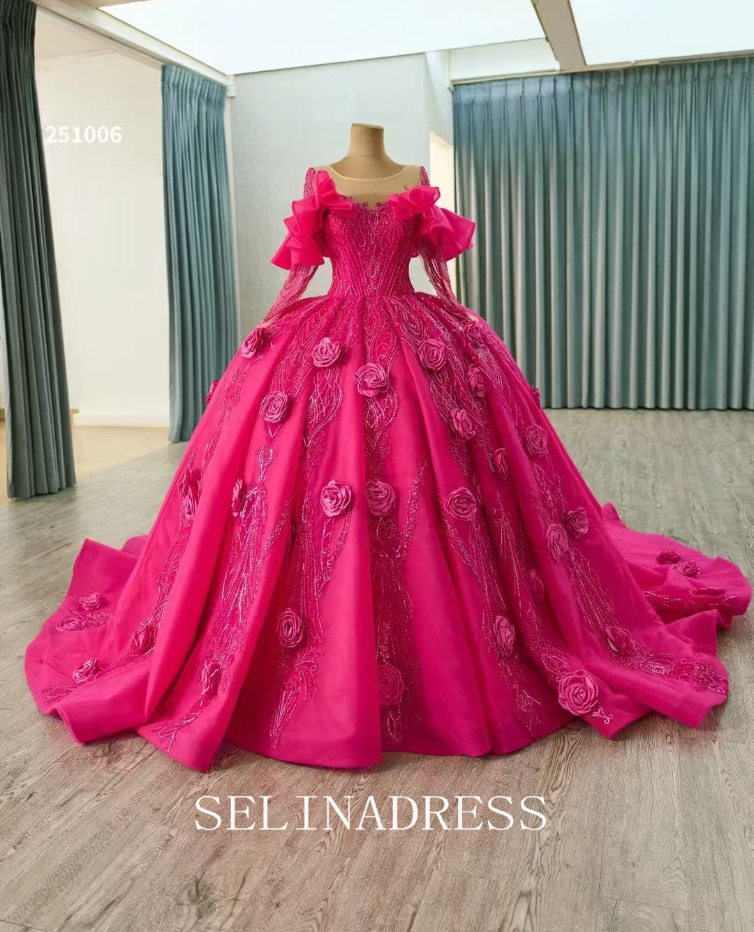 Fuchsia Long Sleeve Luxury Prom Dress Hand made Floral Ball Gown Quincess Wedding Dresses 251006|Selinadress