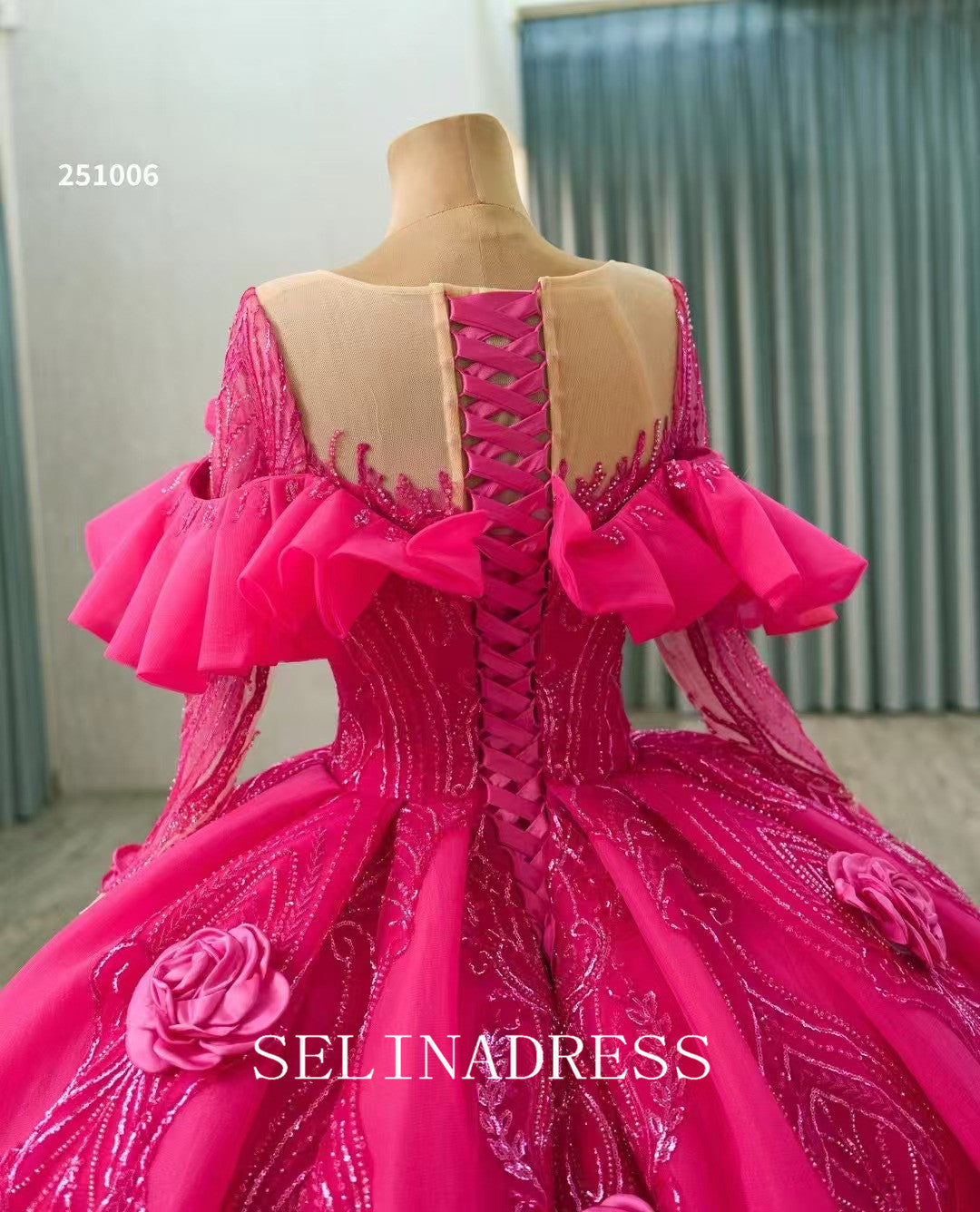 Fuchsia Long Sleeve Luxury Prom Dress Hand made Floral Ball Gown Quincess Wedding Dresses 251006