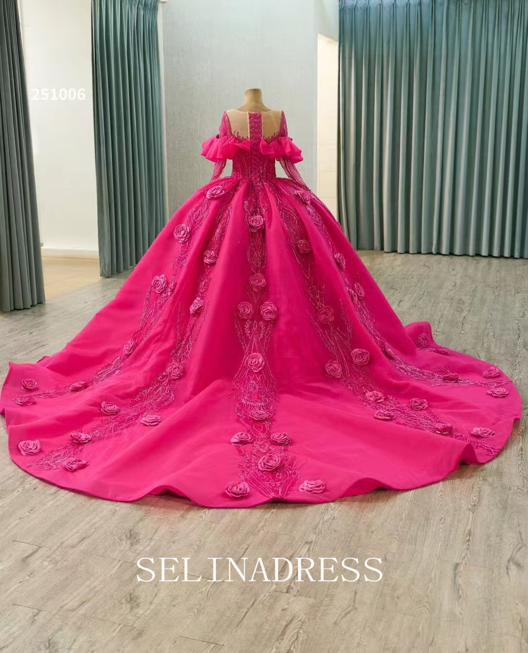 Fuchsia Long Sleeve Luxury Prom Dress Hand made Floral Ball Gown Quincess Wedding Dresses 251006