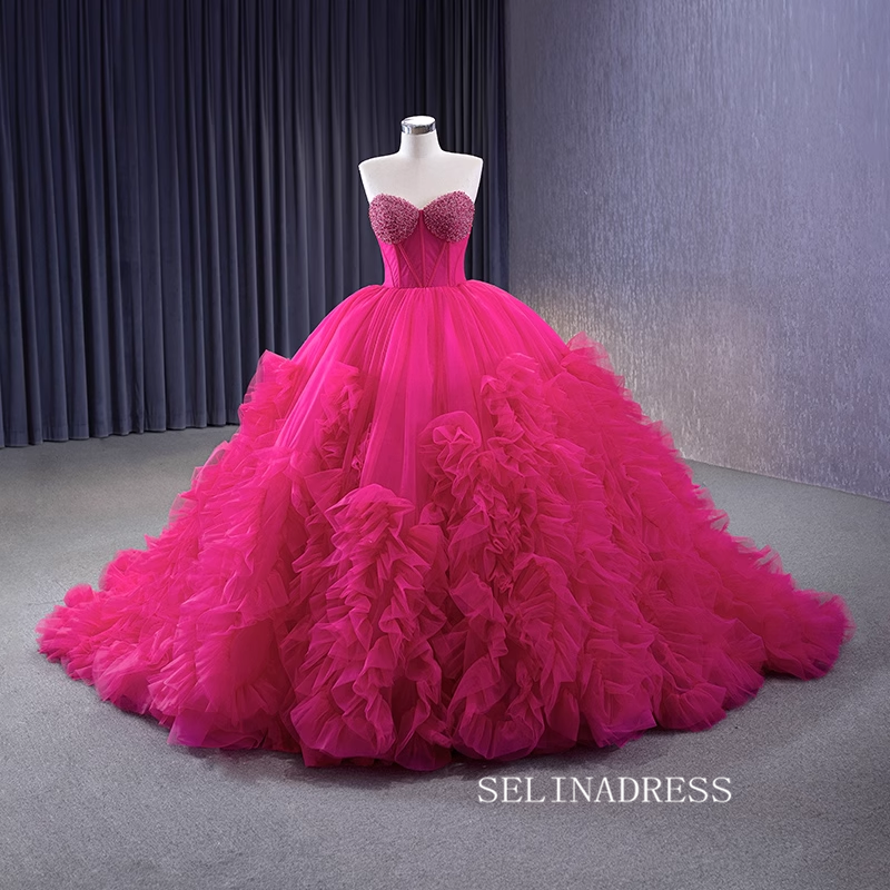 Fuchsia Sweetheart Beaded Sweet 16 Ball Gown Tiered Quinceanera Dress 231108|Selinadress