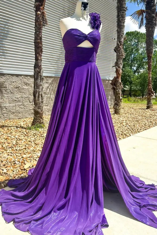 Chiffon Keyhole Pleated Slit Long Prom Dress with One Shoulder SEW1317|Selinadress