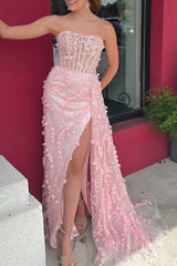 Strapless Pink Slit Mermaid Prom Dress with 3D Floral SEW1313|Selinadress