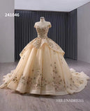 Gold Appliqued Lace Wedding Dress Bateau Neck Quinceanera Dress 241046|Selinadress