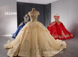 Gold Appliqued Lace Wedding Dress Bateau Neck Quinceanera Dress 241046