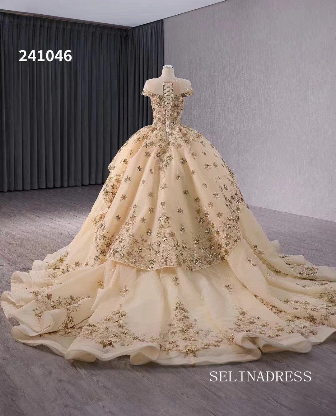 Gold Appliqued Lace Wedding Dress Bateau Neck Quinceanera Dress 241046|Selinadress