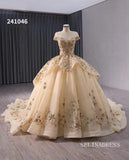 Gold Appliqued Lace Wedding Dress Bateau Neck Quinceanera Dress 241046|Selinadress