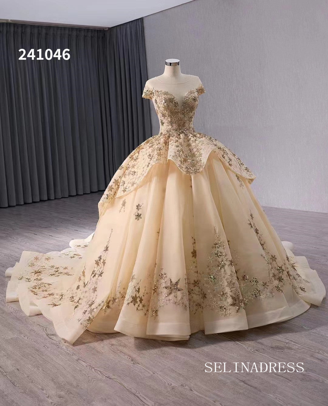 Gold Appliqued Lace Wedding Dress Bateau Neck Quinceanera Dress 241046|Selinadress