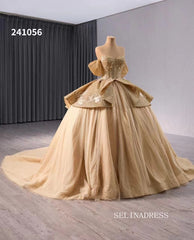 Gold Sparkly Tulle Wedding Dresses Off the Shoulder Overskirt Quinceanera Dress 241056|Selinadress