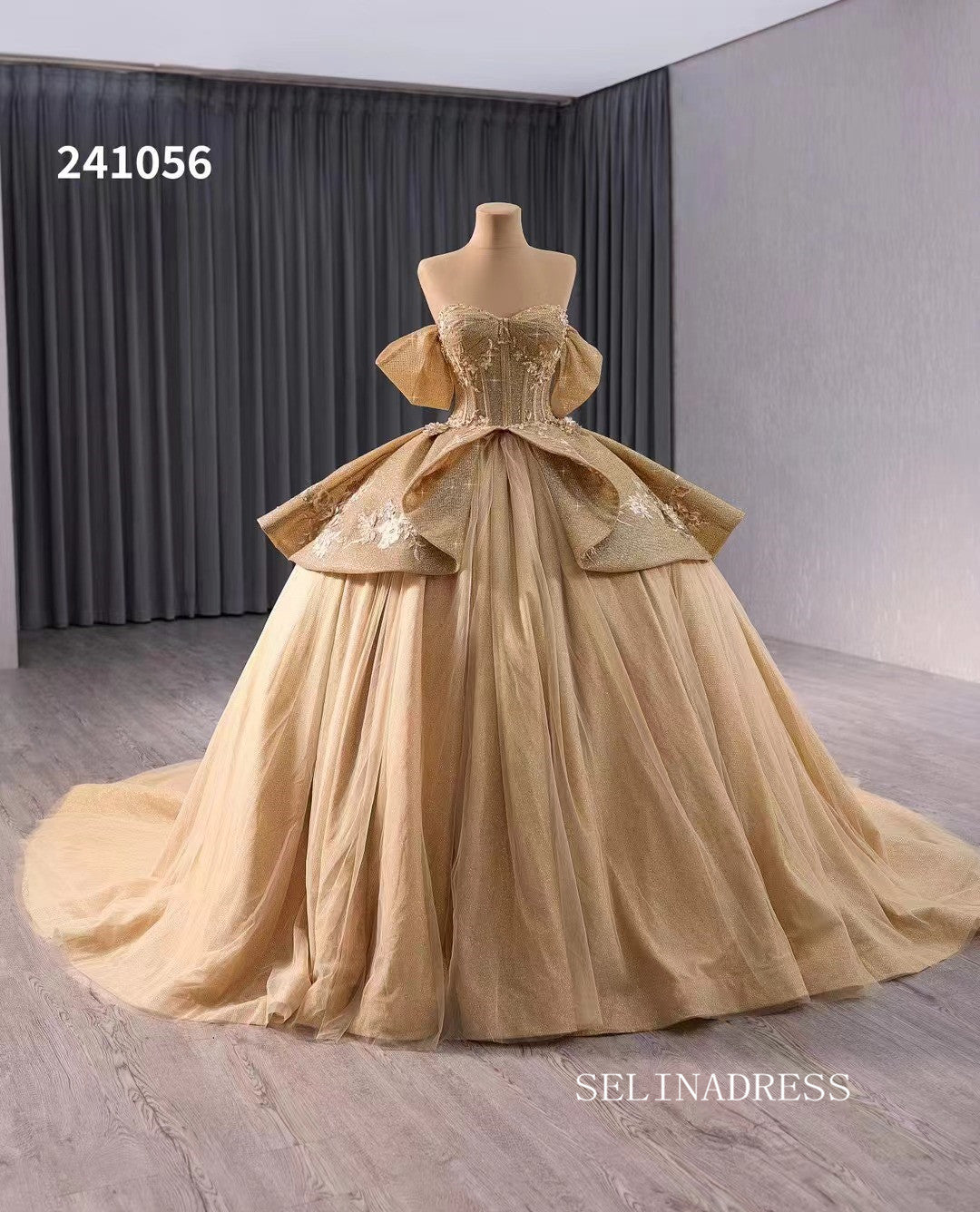 Gold Sparkly Tulle Wedding Dresses Off the Shoulder Overskirt Quinceanera Dress 241056|Selinadress