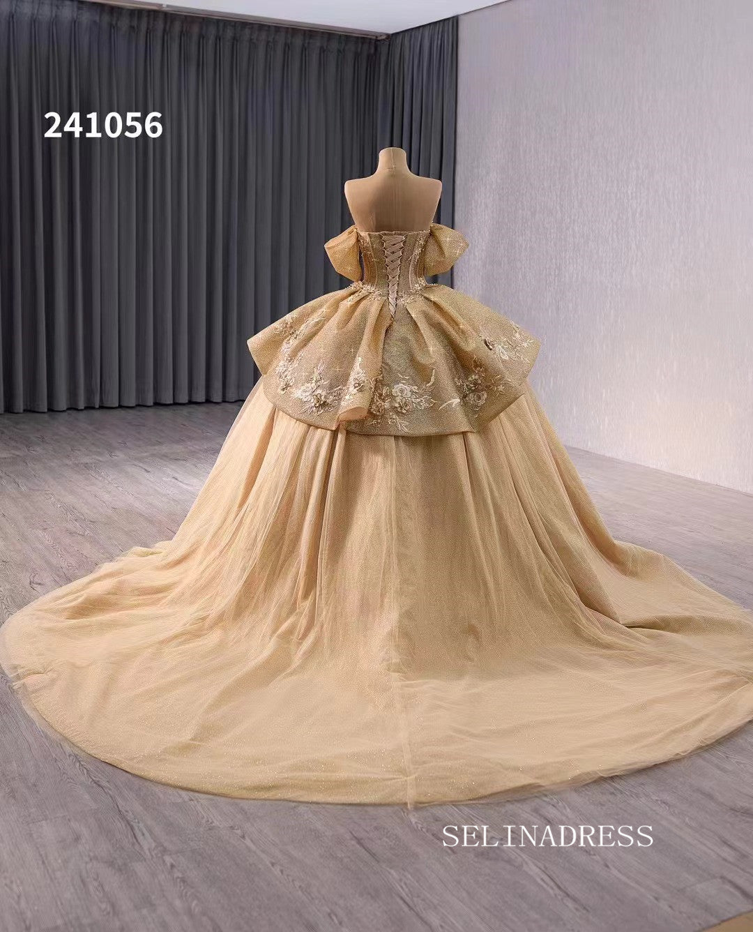 Gold Sparkly Tulle Wedding Dresses Off the Shoulder Overskirt Quinceanera Dress 241056|Selinadress