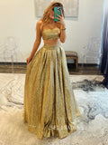 Gold Two Pieces Sequins Long Prom Dress Cheap Evening Gown SEW1260|Selinadress