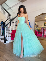 Gorgeous A Line Tiered Tulle Prom Dresses for Women Ruffle Ball Gown Long Formal Dresses SER032|Selinadress