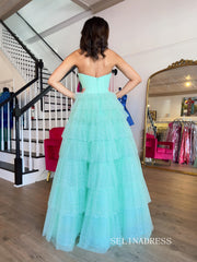 Gorgeous A Line Tiered Tulle Prom Dresses for Women Ruffle Ball Gown Long Formal Dresses SER032|Selinadress