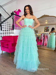 Gorgeous A Line Tiered Tulle Prom Dresses for Women Ruffle Ball Gown Long Formal Dresses SER032|Selinadress