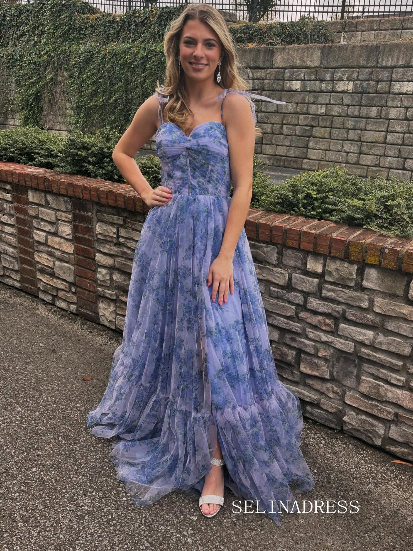 Gorgeous Blue Print Floral Prom Dress Long Bridesmaid Dress with Lace Up Back SER040|Selinadress