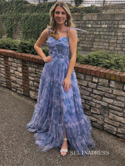 Gorgeous Blue Print Floral Prom Dress Long Bridesmaid Dress with Lace Up Back SER040|Selinadress