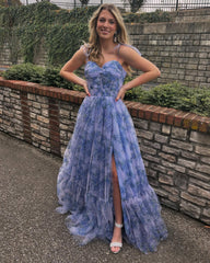 Gorgeous Blue Print Floral Prom Dress Long Bridesmaid Dress with Lace Up Back SER040|Selinadress