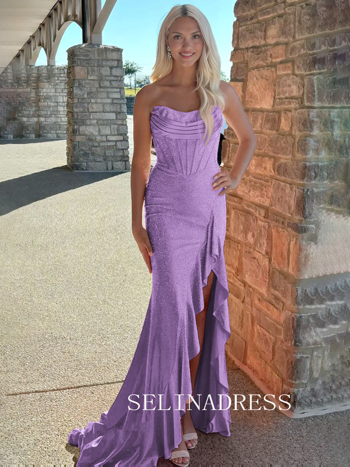 Gorgeous Mermaid Scoop Neck Hot Stone Beading Long Prom Dress with Dramatic Ruffles SER039