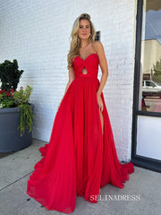 Elegant Srrapless Red Chiffon Keyhole Long Prom Dresses With slit  Cheap Formal Dresses SER033|Selinadress