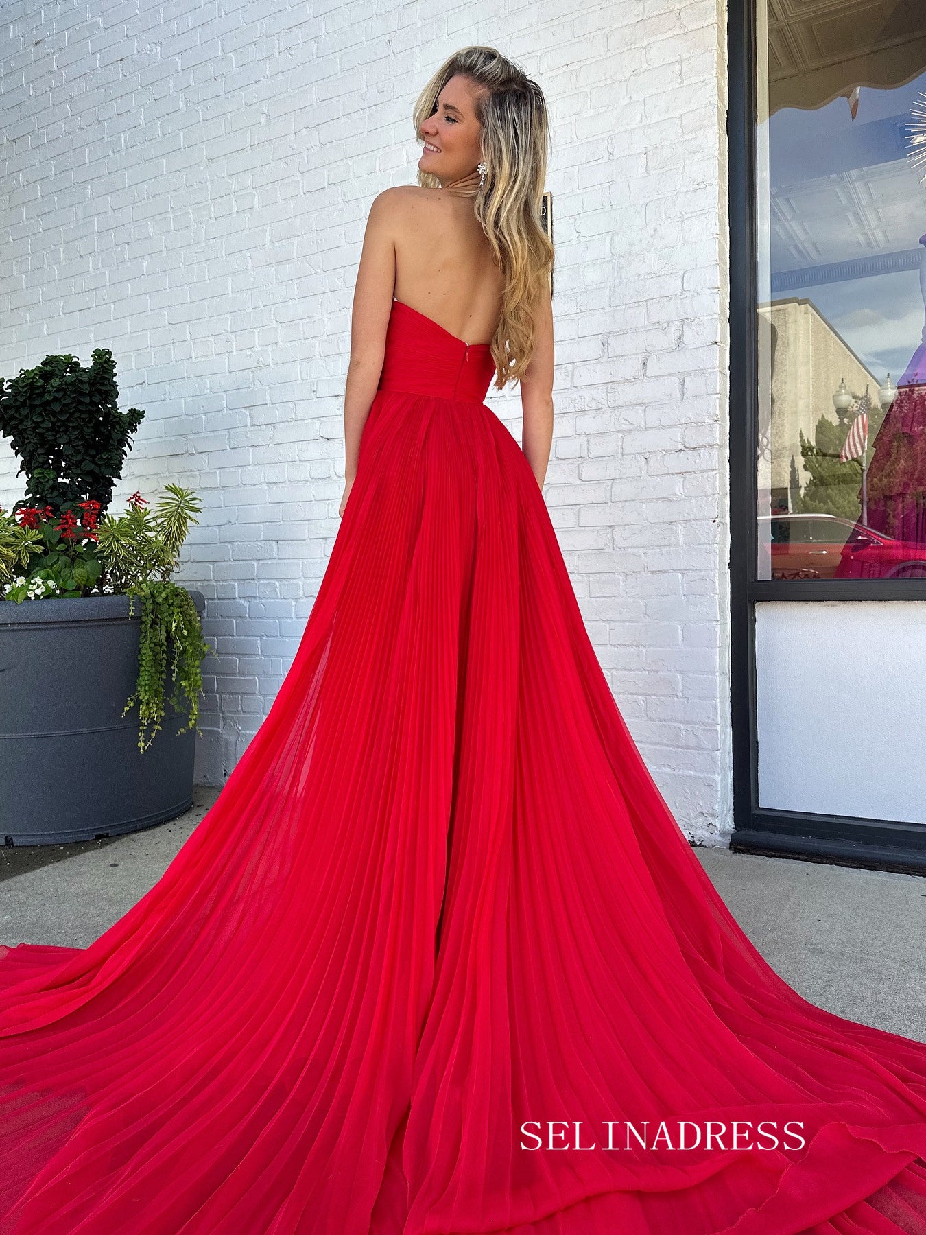 Elegant Srrapless Red Chiffon Keyhole Long Prom Dresses With slit  Cheap Formal Dresses SER033|Selinadress