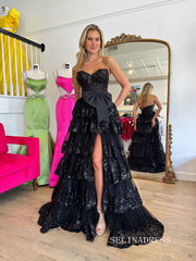 Gorgeous Sweetheart A Line Black Long Prom Dresses with Appliques SER031|Selinadress