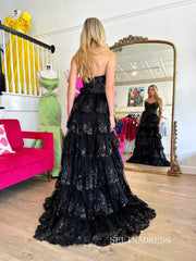 Gorgeous Sweetheart A Line Black Long Prom Dresses with Appliques SER031|Selinadress