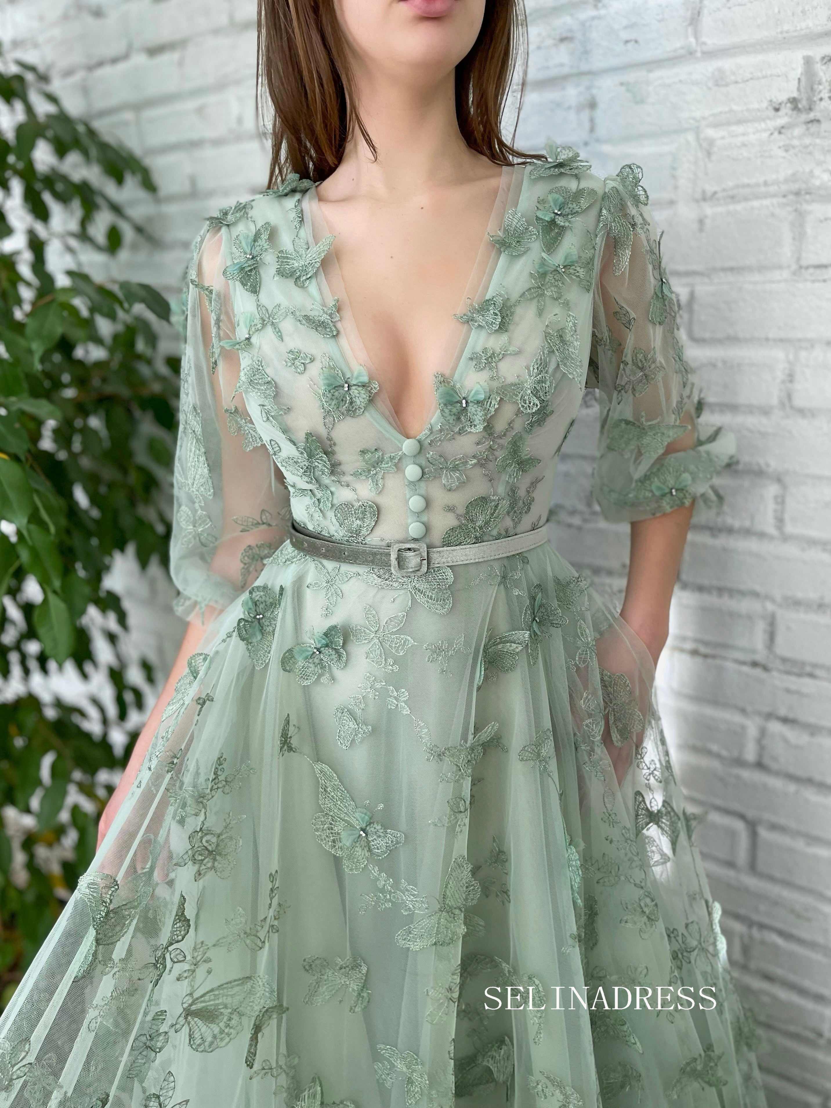 Green A-Line Dress With V-neck Belt Butterflies Beautiful Prom Dress Gorgeous Formal Dress #LPO003|Selinadress