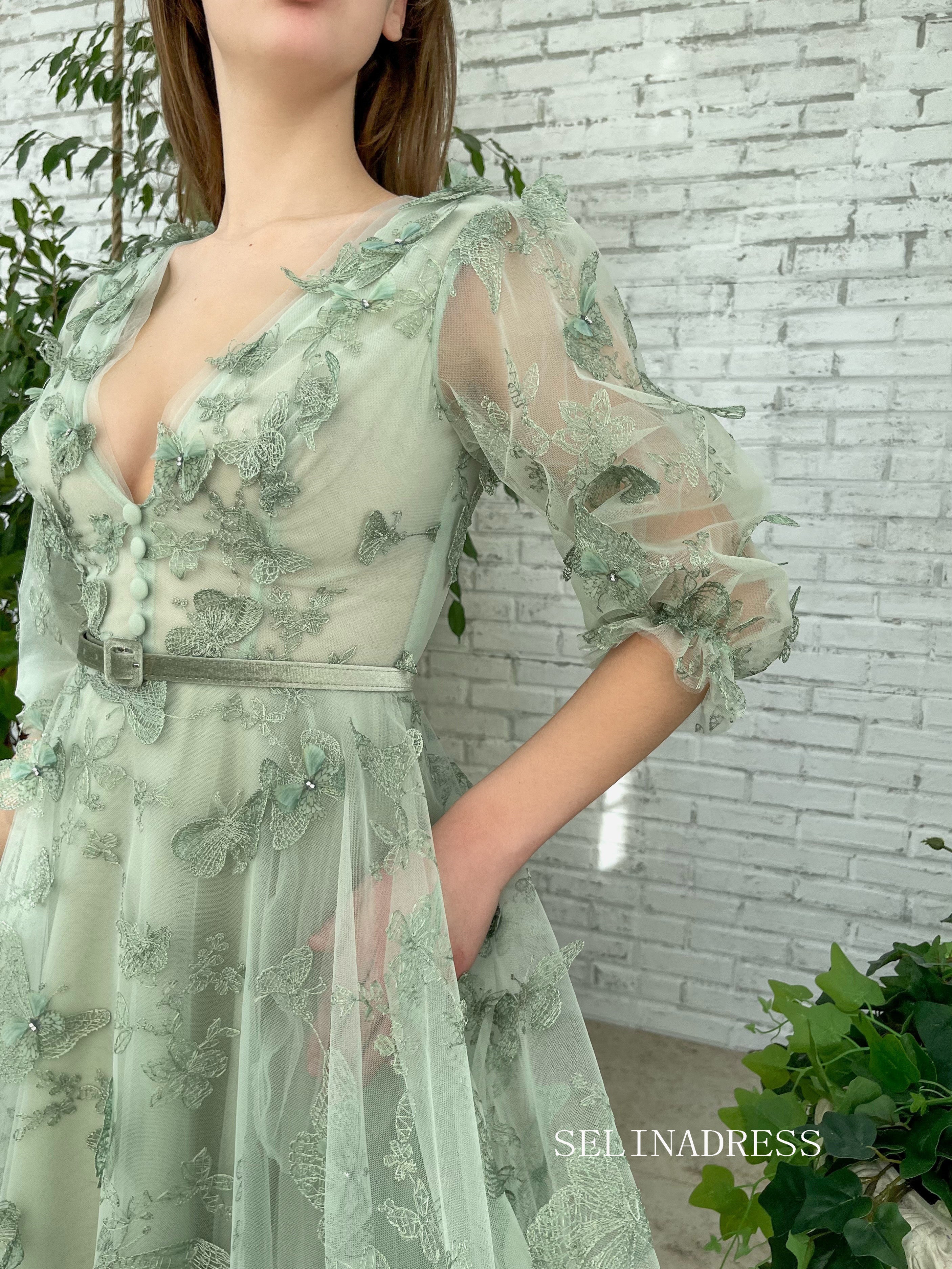 Green A-Line Dress With V-neck Belt Butterflies Beautiful Prom Dress Gorgeous Formal Dress #LPO003|Selinadress