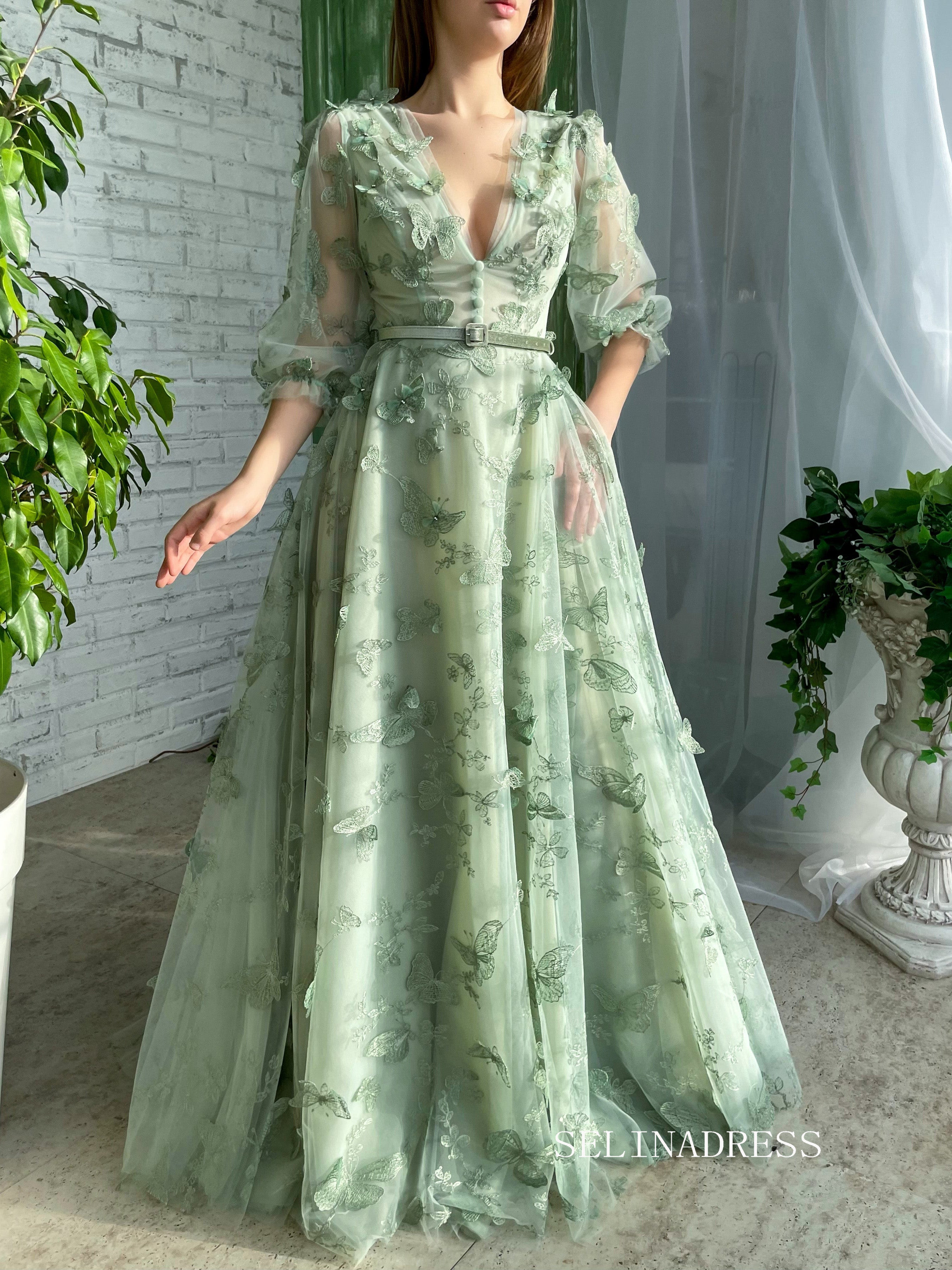 Green A-Line Dress With V-neck Belt Butterflies Beautiful Prom Dress Gorgeous Formal Dress #LPO003|Selinadress