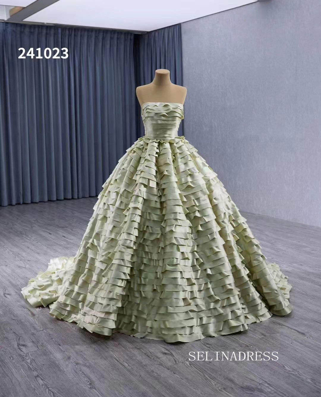 Green Ruffled Wedding Dresses Off the Shoulder Removable Sleeve Quinceanera Dress 241023|Selinadress