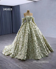 Green Ruffled Wedding Dresses Off the Shoulder Removable Sleeve Quinceanera Dress 241023|Selinadress