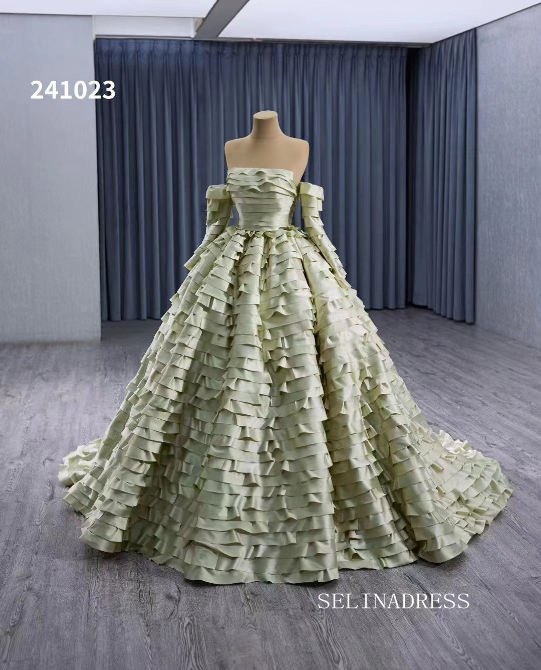 Green Ruffled Wedding Dresses Off the Shoulder Removable Sleeve Quinceanera Dress 241023|Selinadress