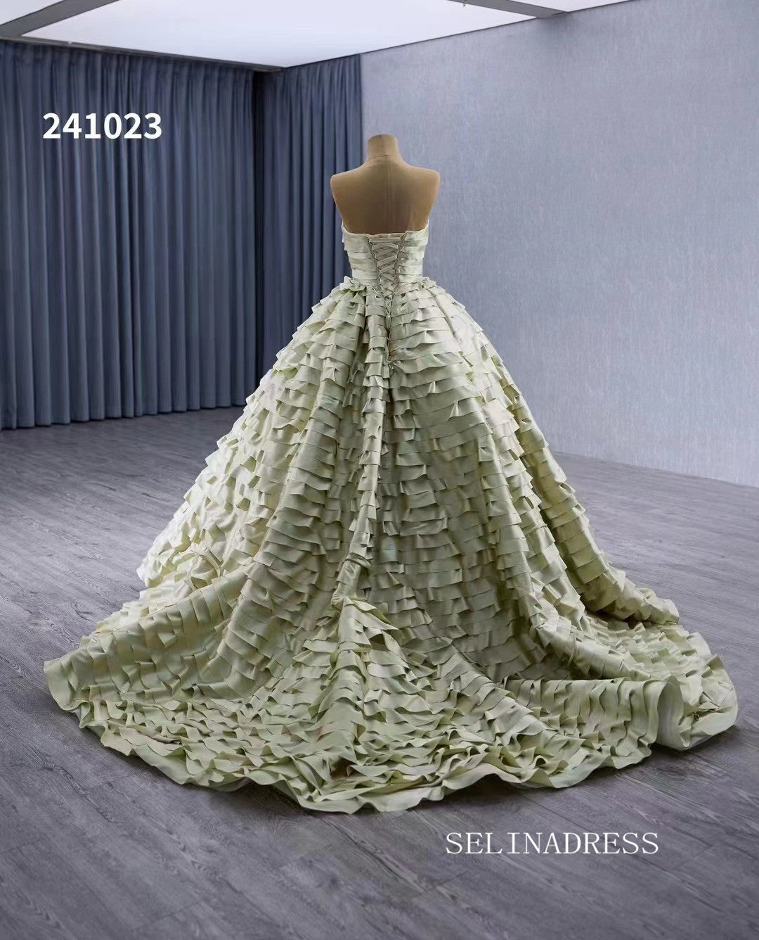 Green Ruffled Wedding Dresses Off the Shoulder Removable Sleeve Quinceanera Dress 241023|Selinadress