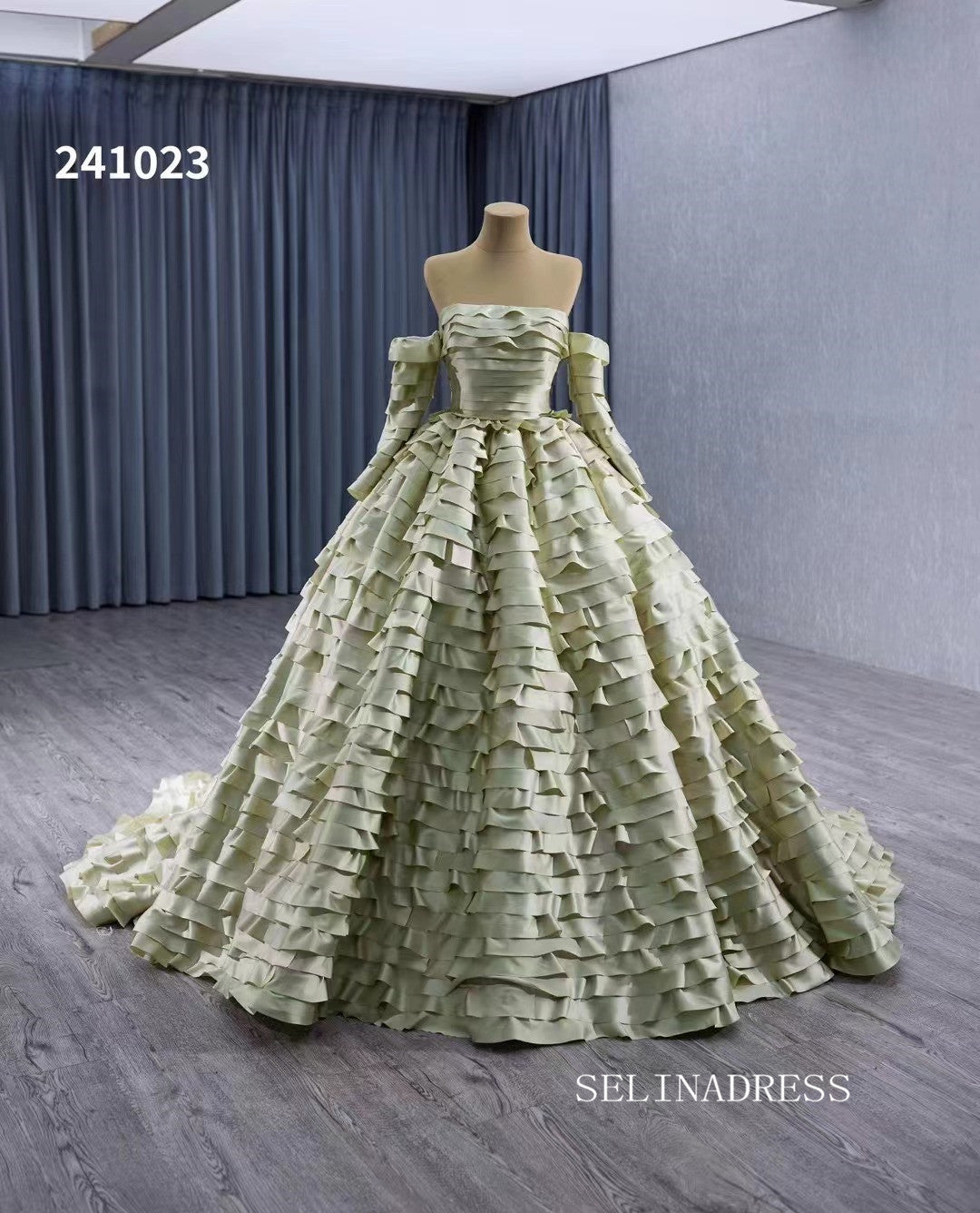 Green Ruffled Wedding Dresses Off the Shoulder Removable Sleeve Quinceanera Dress 241023|Selinadress