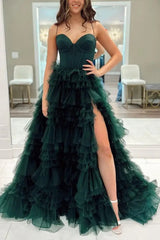 Green Spaghetti Straps Layered Tulle Prom Dress with Slit SEW1305|Selinadress