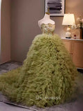 Green Strapless Ruffles Ball Gown Qunincess Dress Beautiful Beaded Princess Dresses TKL3051|Selinadress