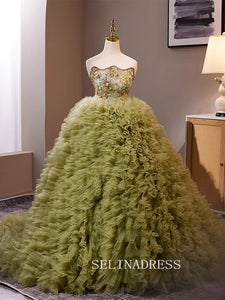 Green Strapless Ruffles Ball Gown Qunincess Dress Beautiful Beaded Princess Dresses TKL3051|Selinadress