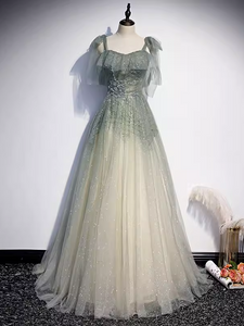 Green Straps Sparkly Tulle Long Prom Dress Beautiful Princess Dresses TKL2153|Selinadress