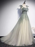 Green Straps Sparkly Tulle Long Prom Dress Beautiful Princess Dresses TKL2153|Selinadress